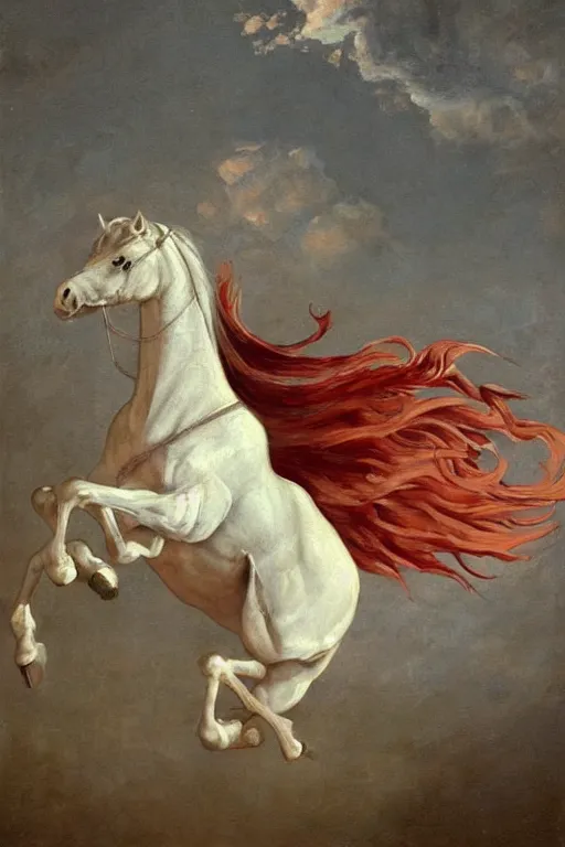 Prompt: this painting seems to depict a wingless angel on a horse who looks down at the ground beneath him. meanwhile, above him is a twisting funnel of angry red fire.