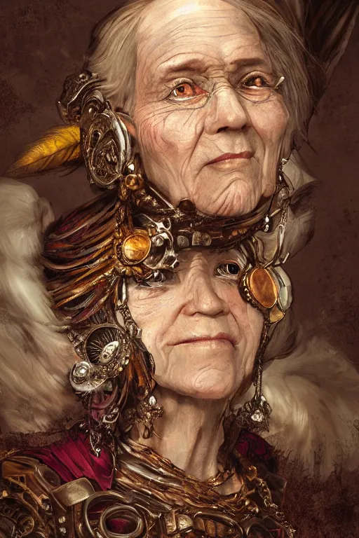 Prompt: portrait, headshot, digital painting, of a old 17th century, old lady cyborg merchant, amber jewels, clorful feathers, baroque, ornate clothing, scifi, futuristic, realistic, hyperdetailed, chiaroscuro, rimlight, concept art, art by Waterhouse