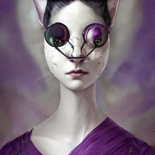 Prompt: actionism, soft painting curiosities carnival, beautiful cat head mutation hybrid in full long dress, symmetry accurate features, focus, very intricate ultrafine details, black white purple volumetric clouds, award winning masterpiece, octane render 8 k hd, tom bagshaw artstyle