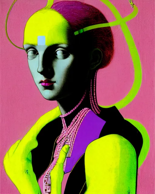 Image similar to portrait of a young pale woman with lilac hair, wearing a neon yellow dress by Vivienne Westwood, intricate details, cyberpunk, super-flat, in the style of James Jean, Jean Auguste Dominique Ingres, black background