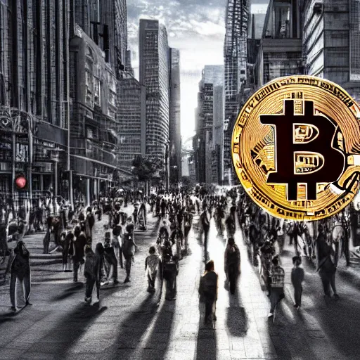 Image similar to landscape of people running away scared from crypto logos standing in the city, hyperrealism art, cointelegraph inspired design, hyperdetailed, hdr, 8 k