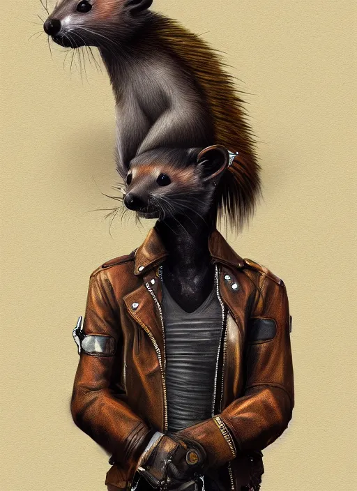 Prompt: cyberpunk anthropomorphic ferret pine marten, with mohawk, wearing leather jacket, medium shot portrait, digital painting, trending on ArtStation