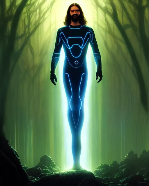 Image similar to tron legacy jesus performing miracles for a crowd in an ancient forest, face, diffuse lighting, hyper realistic, concept art, intricate, hyper detailed, smooth, sharp focus, illustration, artstation, art by greg rutkowski and james gurney and alphonse mucha