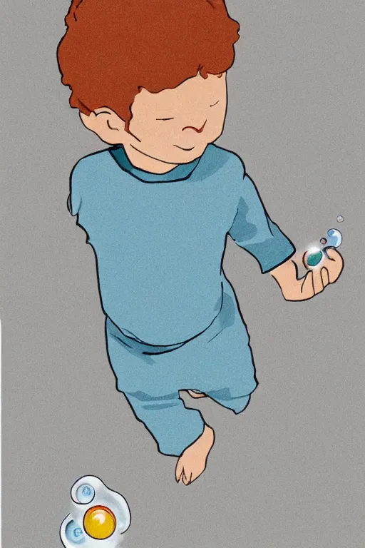 Image similar to a little boy with ginger hair chasing bubbles. clean elegant simple illustration, beautiful detailed face.