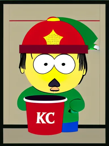 Image similar to portrait of scarface as cartman from south park, holding a bucket of kfc, a line of gravy on the desk in front of him, collage, paper cutout, flat design, papercraft