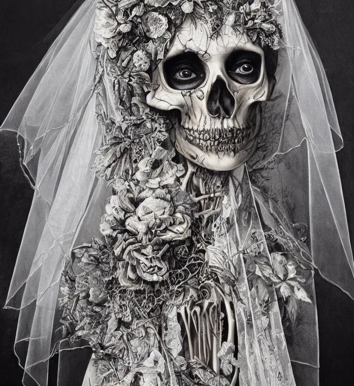 Image similar to portrait of a Bride's skeleton in veil with floral pattern by Laurie Lipton, high detailed, realistic,dark surrealism, hyper detailed