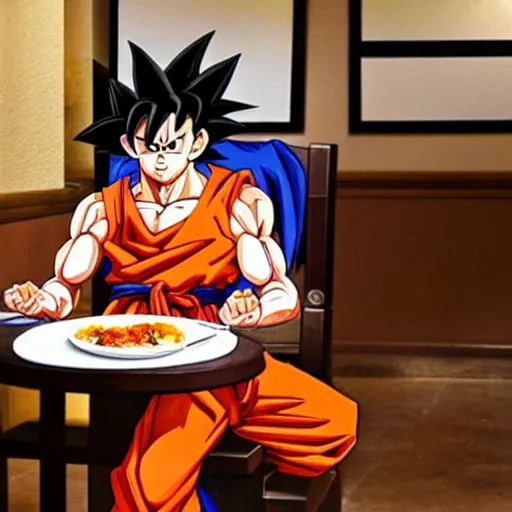 Prompt: goku sitting at a table at olive garden while he eats a plate of spaghetti and meatballs