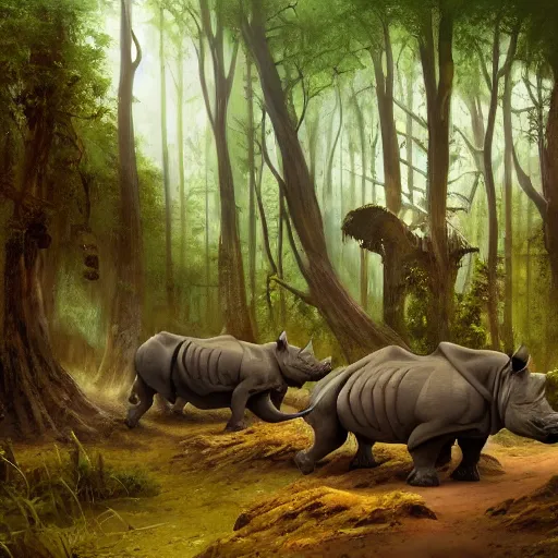 Prompt: a painting of a rhino and a skeleton in a forest, a detailed matte painting by marc simonetti, behance contest winner, fantasy art, matte painting, concept art, matte drawing. masterpiece