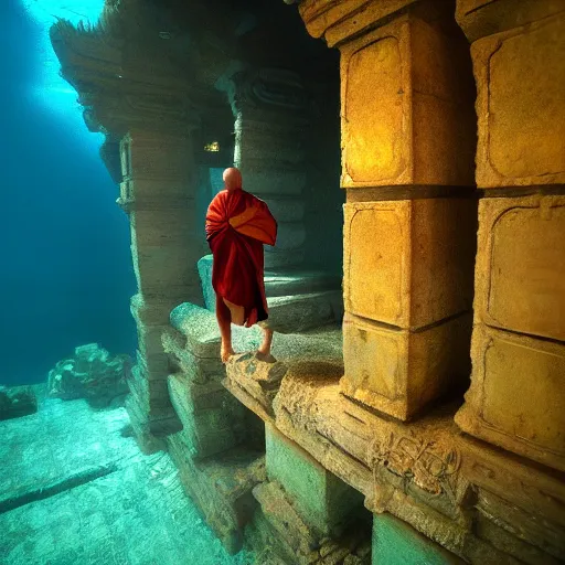 Image similar to underwater temple, underwater monk