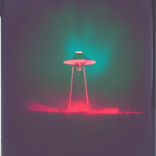 Prompt: aged polaroid photo of a UFO sighting, firing lasers at the earth, wide view, film grain, red color bleed