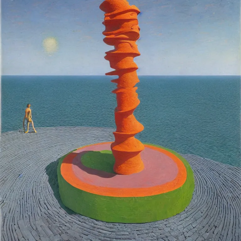 Prompt: A Monumental Public Sculpture of a 'Large Cyborg Mirror Portal made of Impasto colored paint ' on a spiral pedestal by the Sea, surreal colorful oil painting by Rene Magritte and Max Ernst and Helen Frankenthaler shocking detail hyperrealistic!! Cinematic lighting