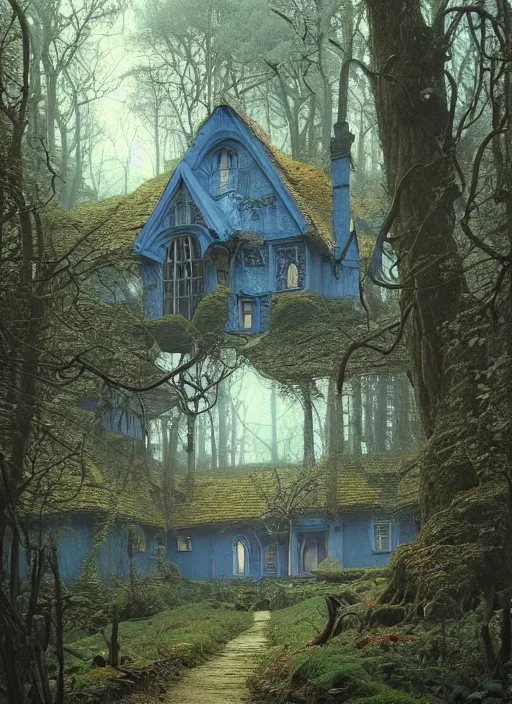 Image similar to hyper realistic homely ornate modern witch house distant down a path in the woods gorgeous lighting, blue sky, highly detailed, lush forest by zdzisław beksinski and norman rockwell and greg rutkowski weta studio, and lucasfilm