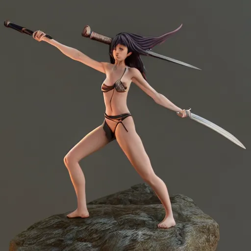 Prompt: highly detailedf figurine, beautiful young woman, slim waist, big bumm, with a sword in her right hand, martial art pose, octane render, bikini, volumetric lights, dramatic, highly detailed, messy, hair