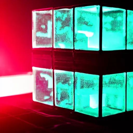 Image similar to glowing translucent cube in a meth lab, cyberpunk, dark room, trending on artstation, 4 k close up, wide angle