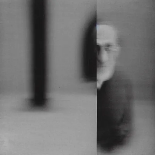 Image similar to grainy underexposed portrait of Marcel Duchamp in a empty white void, tri-x, Trent Parke, Rinko Kawaichi, archival pigment print, occult dream, contemporary art