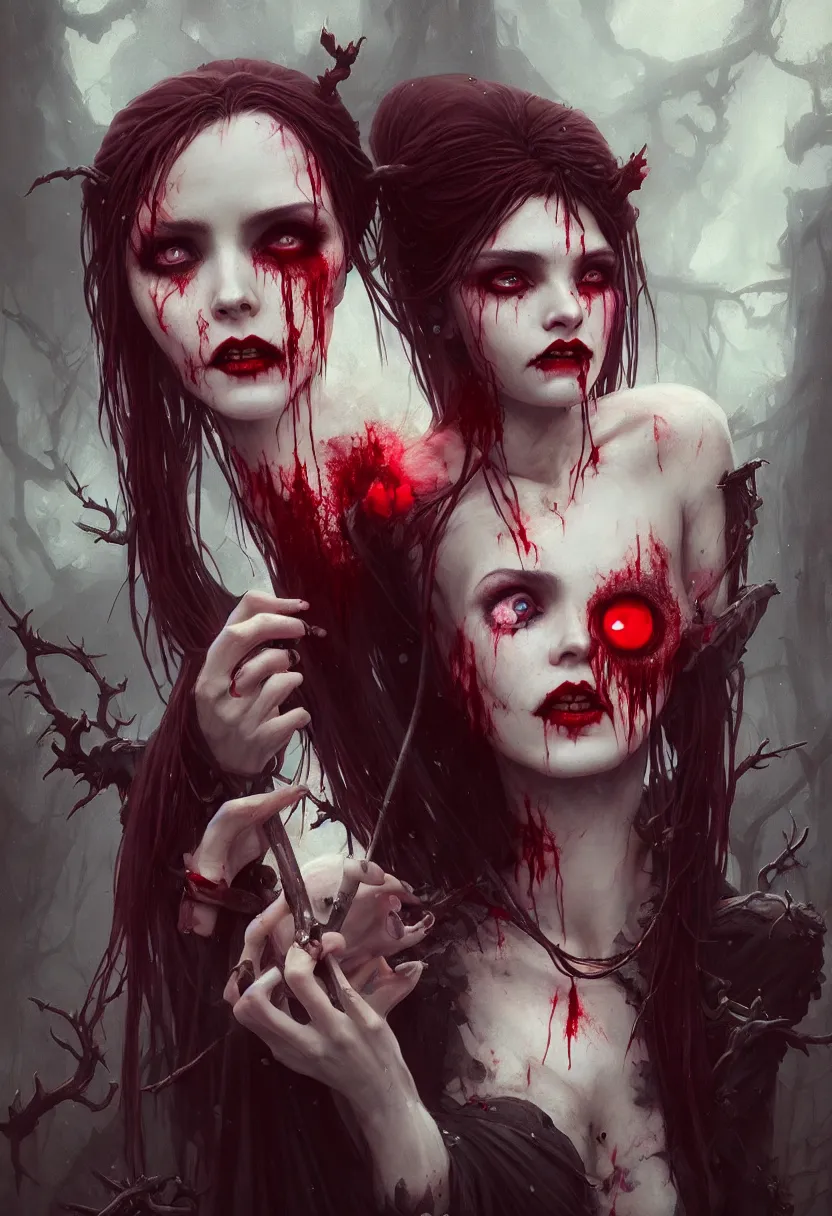 Image similar to beautiful, very very very extreme closeup portrait, bloody, vampire girl, extreme blood, vampire fangs, medieval dress. witch, makeup. unreal engine, greg rutkowski, loish, rhads, beeple, tom bagshaw, alphonse mucha, global illumination, detailed and intricate environment