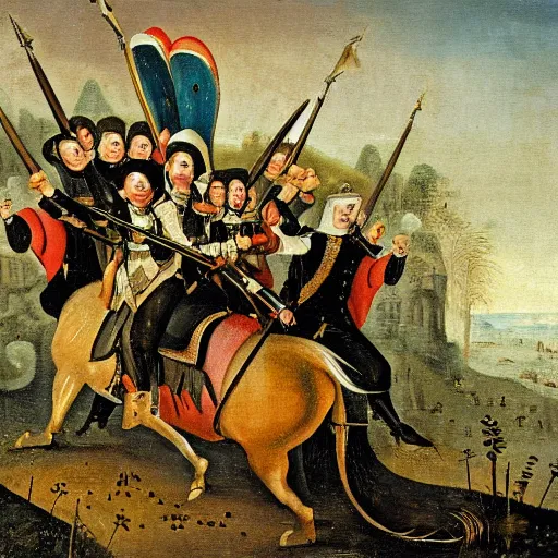 Image similar to a painting of napoleonic warfare, in the style of hieronymus bosch.