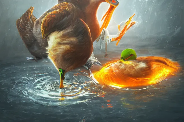 Image similar to duck drinks energy napiokmonstr energy, concept art, wlop, digital painting, trending on artstation, highly detailed, epic composition, official media, 8 k uhd