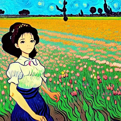 Image similar to beautiful dark skin mexican woman, dancing in a field of tulips and baby's breath, prominent, rosy cheek bones, black hair and brown eyes, van gogh art style, art by hayao miyazaki, makoto shinkai