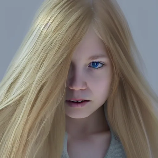 Image similar to young girl with long blonde hair jumped up and froze in the white room, photorealistic