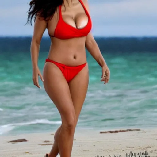 Image similar to salma hayek wearing a small bikini, posing on a beach, storm clouds, modeling photography,