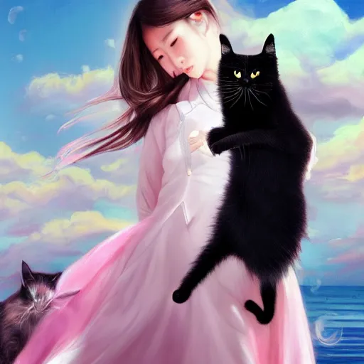 Prompt: style of Guo Hua ,young vampire and her black cat , full body , realistic, detailed, white, light pink tonalities, beautiful collage technique including clouds, sea, wind, ornate sea background, beautiful Fantasy detailed trending on artstation, oil painting,Dramatic lighting, eterea , high quality print, fine art with subtle redshift rendering