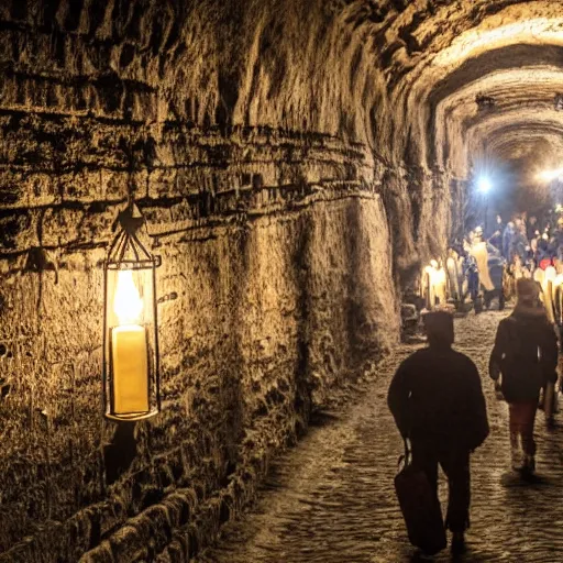 Prompt: a medieval pilgrimage on a cobblestone road in a cavern deep underground, dark, lanterns