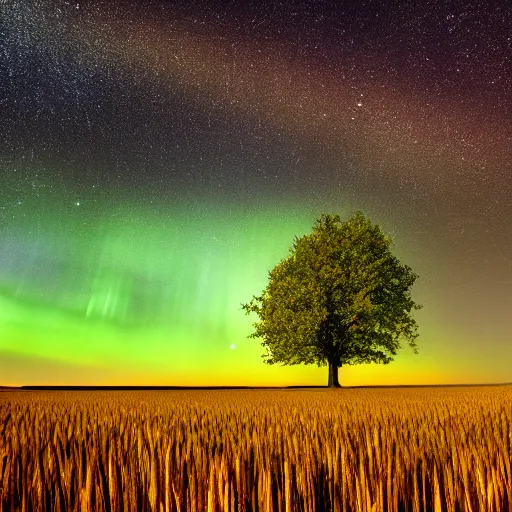 Prompt: lone Oak tree in the distance at end of wheat field, moonlight, aurora borealis, milky way, landscape photography, hyper-realistic