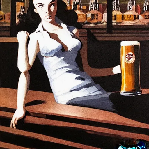 Image similar to A pint of beer sitting on a bar as painted by Dean Ellis