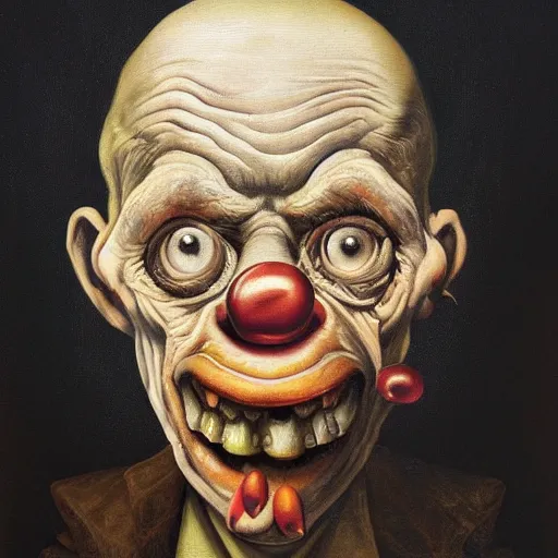 Image similar to oil painting with black background by christian rex van minnen robert williams todd schorr of a portrait of an extremely bizarre disturbing mutated man with acne intense chiaroscuro lighting perfect composition masterpiece