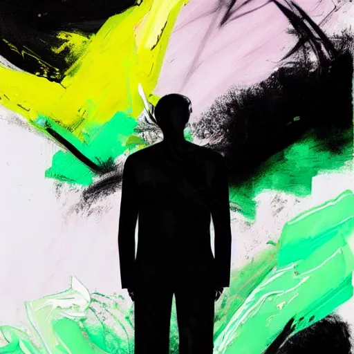 Image similar to closeup, very few thick long paint brush strokes, abstract depiction of the physique of one!!! very thin black suit man with green long straight hair posing dramatically, closeup, matte colors, conrad roset, dark abstract background, abstract painting trending on artstation