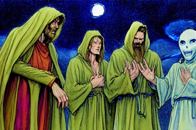 Image similar to a realistic and atmospheric watercolour fantasy character concept art portrait of a three christians wearing robes greeting an alien. they are emerging from the mist on the moors of ireland at night. a ufo is in the background. by rebecca guay, michael kaluta, charles vess and jean moebius giraud