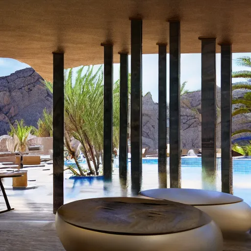 Image similar to brutalism luxury hotel in the desert, biophilia mood, pool, garden, highly detailed, cinematic, photorealistic,