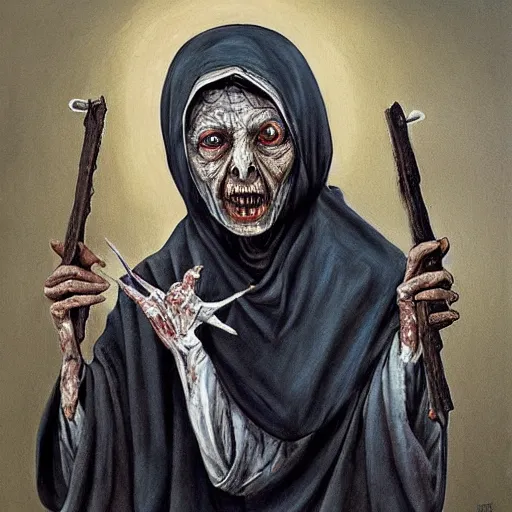 Prompt: a hyperrealistic painting of mother theresa as a zombie, holding a crucifix, by santiago caruso, highly detailed, sharp focus,