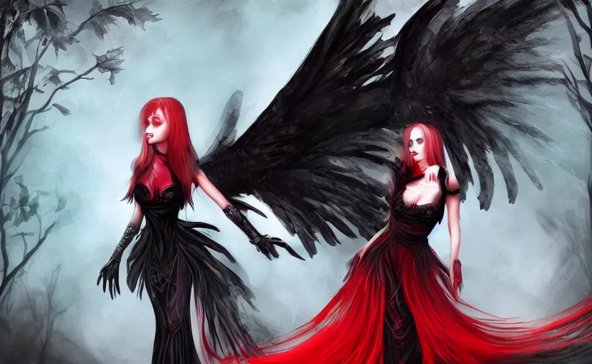 Image similar to Female dark angel in gothic red and black dress, their black wings are extended. She is in the bioluminescent forest. Fantasy and concept art, colorful digital painting , horror scene, highly detailded