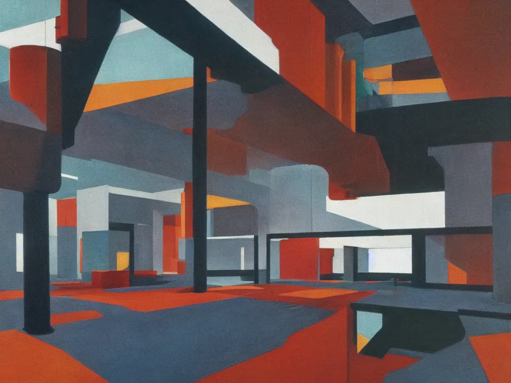 Image similar to colorful minimalist industrial interior bauhaus floors with monolithic pillars in the style of ridley scott and stanley kubrick, impossible stijl architecture, lone silhouette in the distance, ultra wide angle view, cinematic, god rays, volumetric lighting, realistic detailed painting by edward hopper