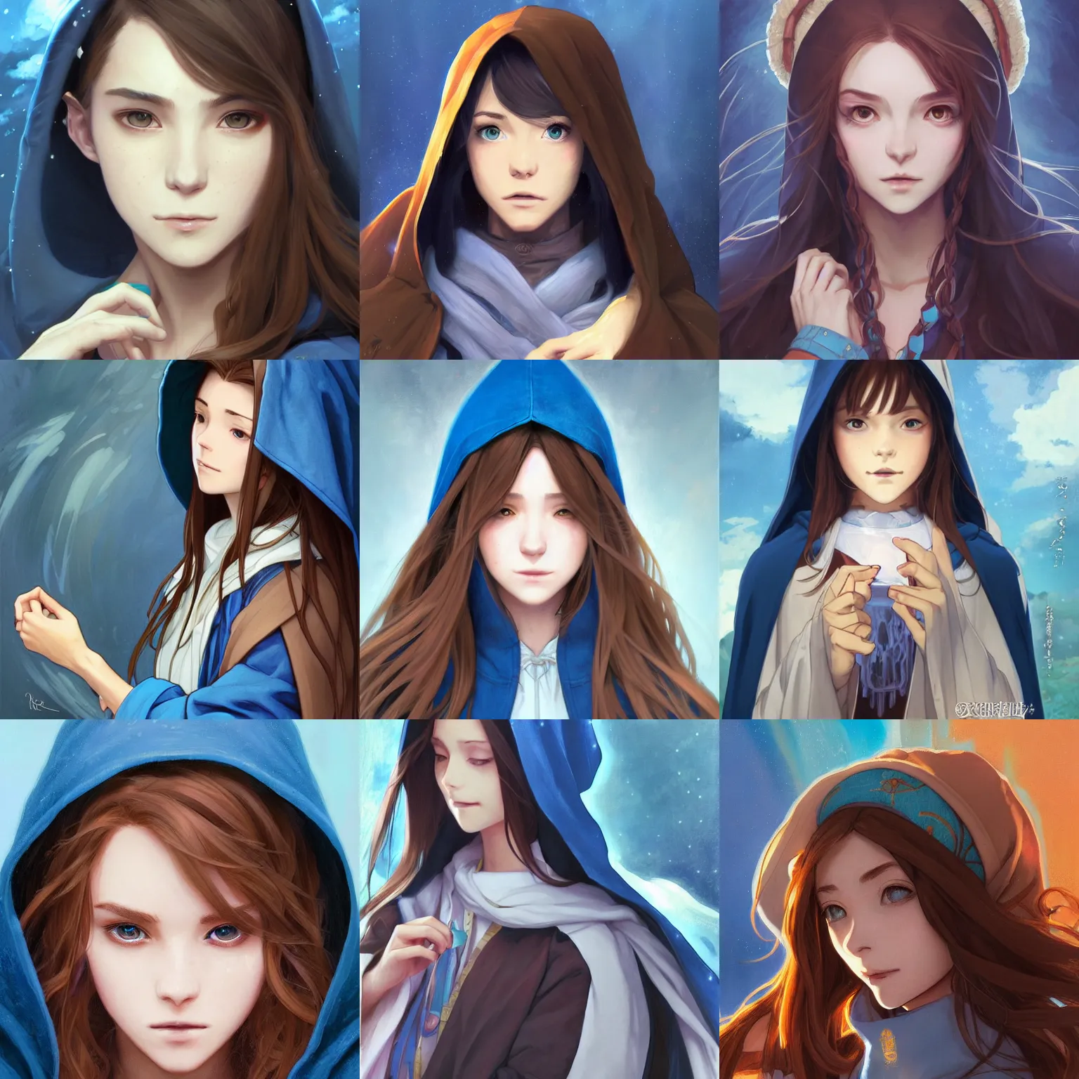 Prompt: portrait of a female wizard with brown hair wearing a blue hood and blue robe, half body, single subject, ambient lighting, highly detailed, digital painting, trending on pixiv fanbox, studio ghibli, extremely high quality artwork, art by ross tran and artgerm and makoto shinkai and alphonse mucha