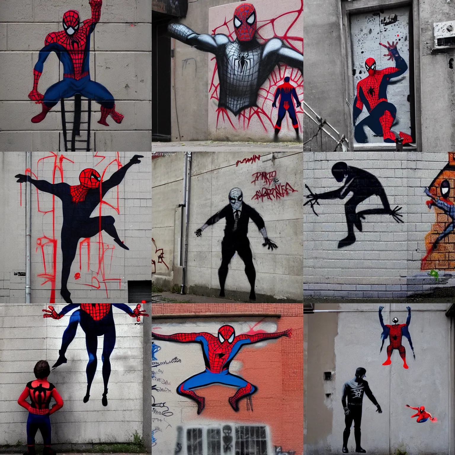 Prompt: urban grafitti of hitler as spiderman, by banksy, trending on artstation