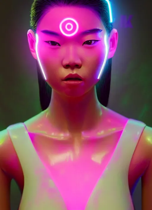 Image similar to an asian female humanoid with freckled cheeks, cyber neon lighting, futurism, intricate futuristic led fashion jewelry, cyberpunk glossy white latex swimwear, profile posing, hyper photorealistic, crispy quality, digital photography, trending in artstation, trending in pinterest, cinematic, 4 k ultra hd, art by pascal blanche, art by greg rutkowski,