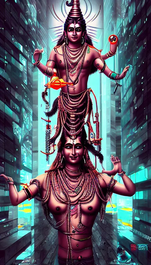 Image similar to indian god shiva, cyberpunk art by kuno veeber, cgsociety, computer art, ultra detailed, futuristic, anime aesthetic