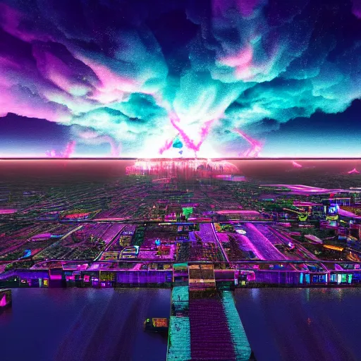 Prompt: apocalyptic amsterdam with psychedelic clouds in the year 2 1 4 5. 4 k synthwave style