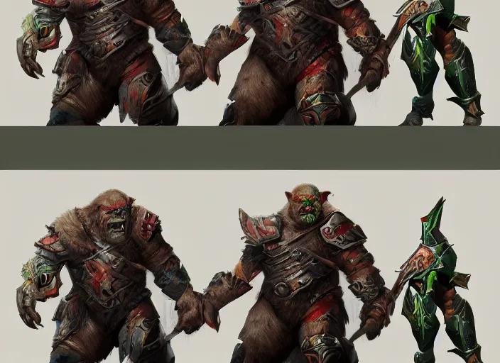 Prompt: three different views of orcs in armour, colourful digital concept art by senior character artist, trending on artstation, artstation hd, full body, ultra - realistic! intricate!