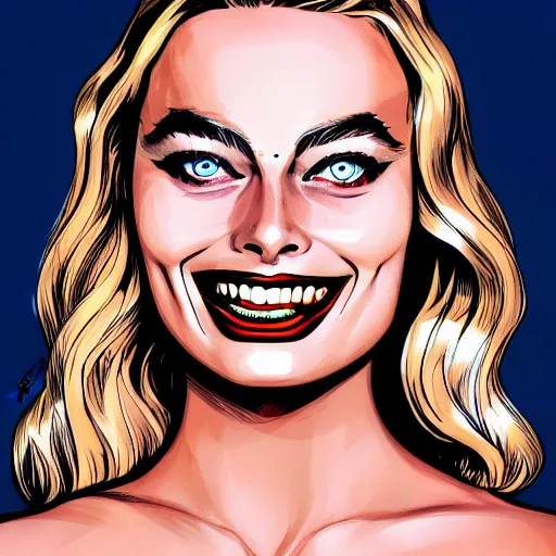 Prompt: goddess Margot Robbie, style of Rafeal Albuquerque comic book art, gold and white eyes, symmetrical face, symmetrical eyes, scary smile