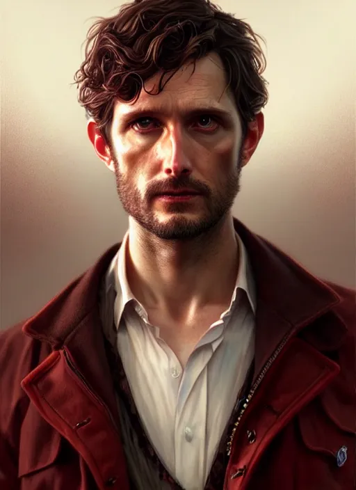 Image similar to ultra realistic illustration, handsome will graham. dark red, blood, intricate, highly detailed, digital painting, artstation, concept art, smooth, sharp focus, illustration, art by artgerm and greg rutkowski and alphonse mucha and wlop