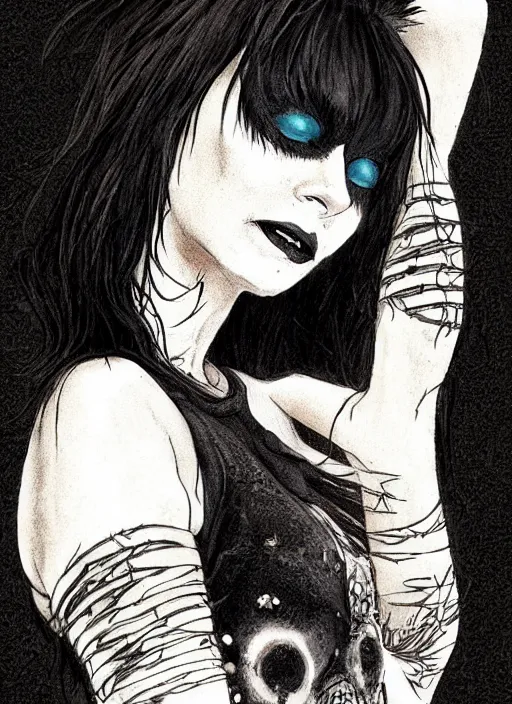 Image similar to death of sandman by neil gaiman, cute gothette, black crop top,, smiling, happy, photorealistic, photorealistic dramatic hyperrealistic