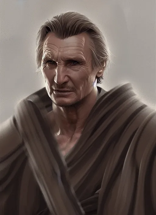 Image similar to old Liam Neeson, short beard! long hair! robes! modern, highly detailed, digital painting, artstation, concept art, sharp focus, illustration, by greg rutkowski