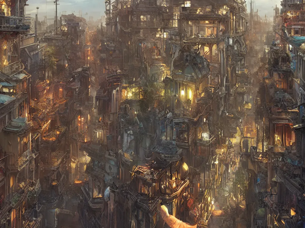 Prompt: a beautiful digital matte painting of futuristic steampunk french quarter, new orleans, by eddie mendoza and david lozeau and franklin booth and laurie greasley, detailed, artstation, air ships, plants on balconies, musicians, 8 k