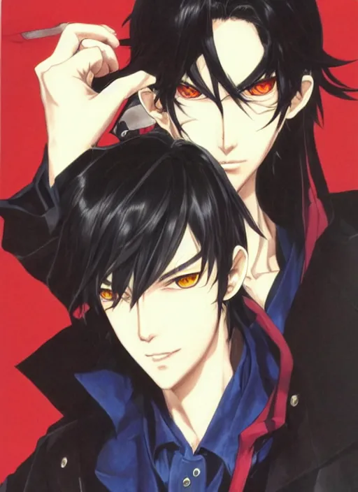 Image similar to portrait by shigenori soejima, handsome male vampire, focus on face, holding a sword, long black hair, dark blue shirt, light brown coat, red - eyes,