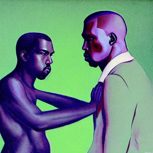 Prompt: kanye west is sad by wayne barlowe green purple yellow color palette very detailed clear focus symmetrical