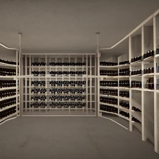 Image similar to symmetry, parallel perspective with center end point, parallax mapping of brutalist shop, lots of wine bottles, octane render, high quality